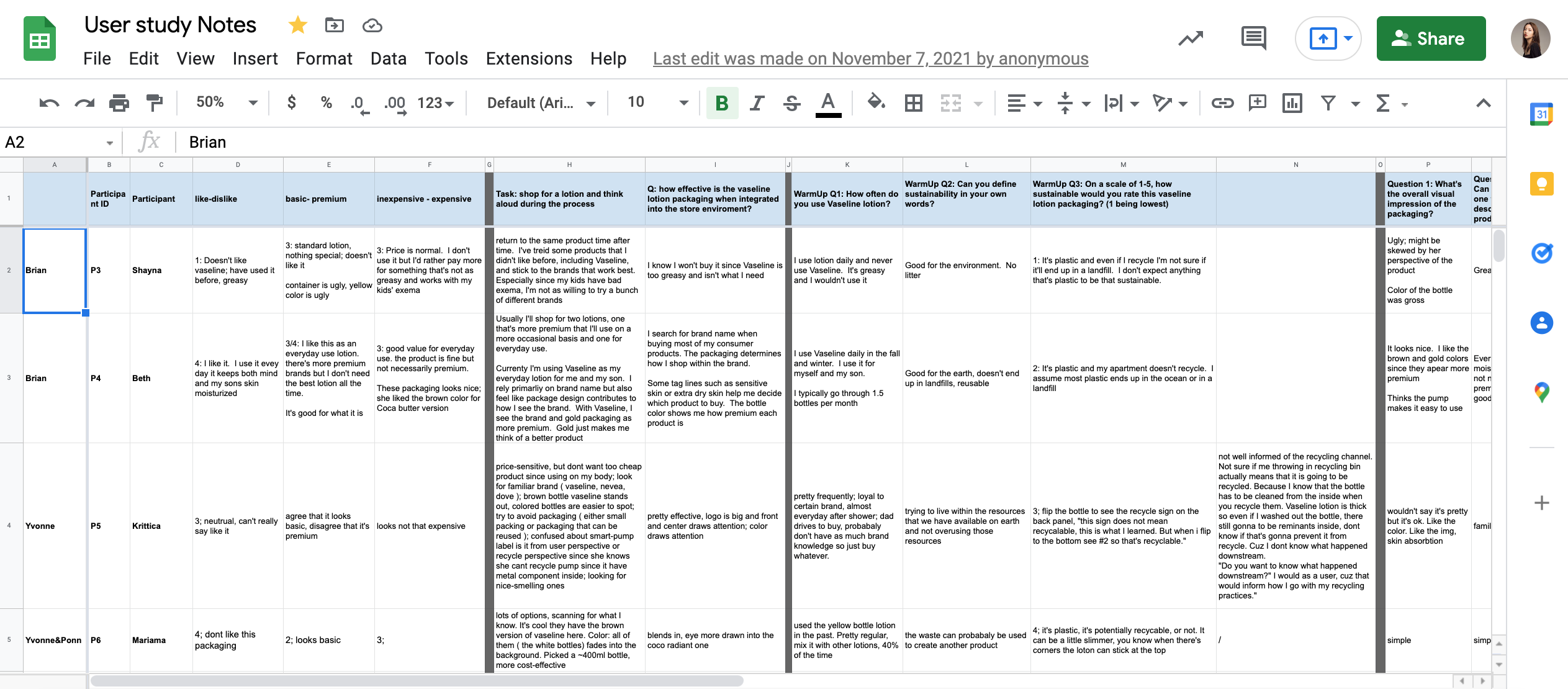 Screenshot of the user study interview transcript